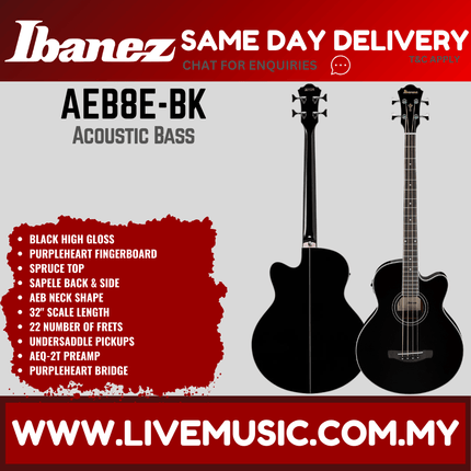 Ibanez AEB8E-BK 4-String Acoustic-Electric Bass Guitar - High Gloss Black ( AEB8EBK / AEB8E BK )