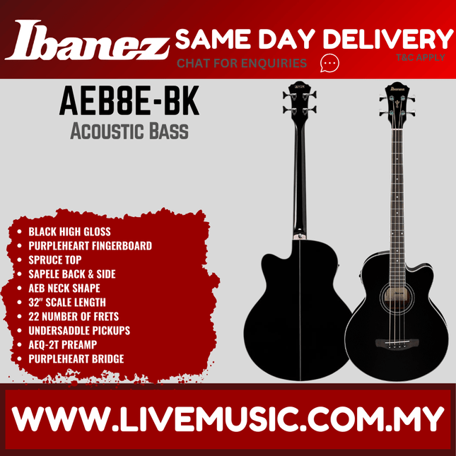 Ibanez AEB8E-BK 4-String Acoustic-Electric Bass Guitar - High Gloss Black ( AEB8EBK / AEB8E BK )