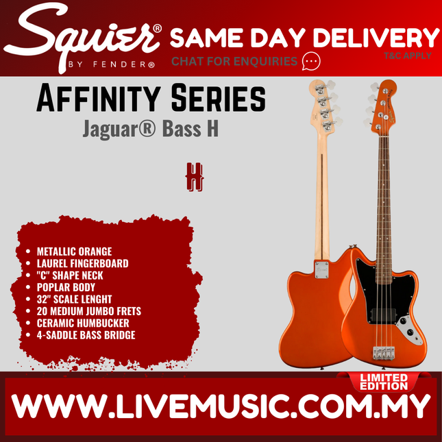 Squier Affinity Series Jaguar Bass H Guitar, Laurel FB, Metallic Orange