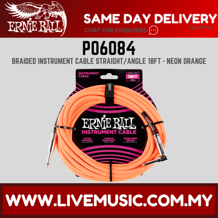 Ernie Ball 6084 Braided Straight to Right Angle Instrument Cable, Neon Orange, 18ft