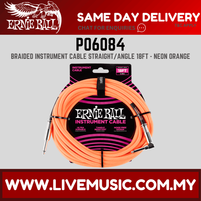 Ernie Ball 6084 Braided Straight to Right Angle Instrument Cable, Neon Orange, 18ft