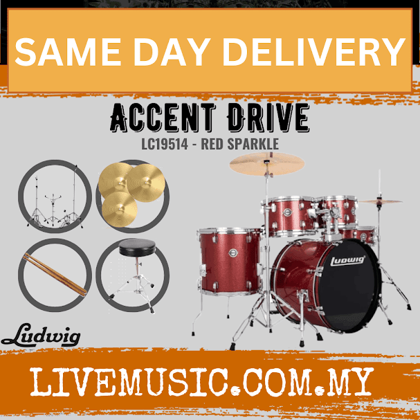 5-piece Ludwig Accent Drive drum set with hardware and throne, red sparkle