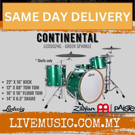 Ludwig LCO5024G Continental 4-Piece Drum Kit(22B+16F+12T+14S), Green Sparkle