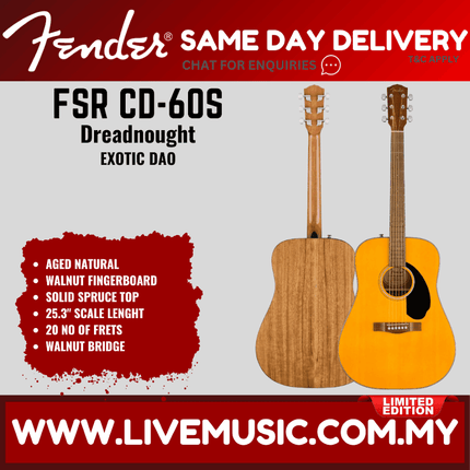Fender FSR CD-60S Exotic Dao Dreadnought Acoustic Guitar, Aged Natural ( CD 60S / CD60S )