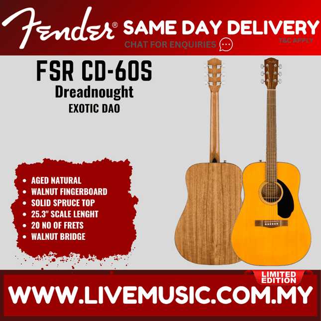 Fender FSR CD-60S Exotic Dao Dreadnought Acoustic Guitar, Aged Natural ( CD 60S / CD60S )