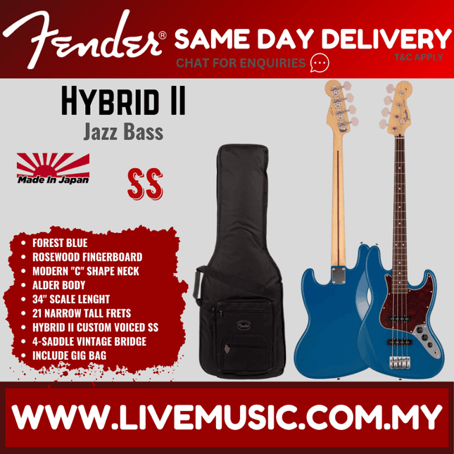 Fender Japan Hybrid II Jazz Bass Guitar, Rosewood Fretboard with Gig Bag - Forest Blue