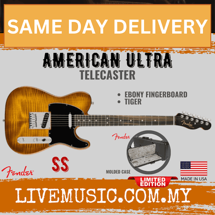Fender American Ultra Limited Edition Telecaster Electric Guitar, Ebony FB, Tiger