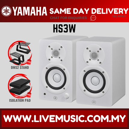 Yamaha HS3 3.5" Powered Studio Monitor Speaker With Speaker Stand & Isolation Pads, Pair - White ( HS-3 / HS 3 )