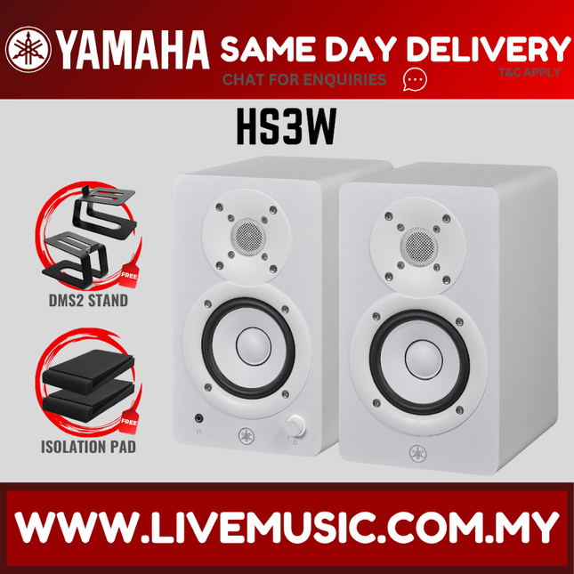 Yamaha HS3 3.5" Powered Studio Monitor Speaker With Speaker Stand & Isolation Pads, Pair - White ( HS-3 / HS 3 )