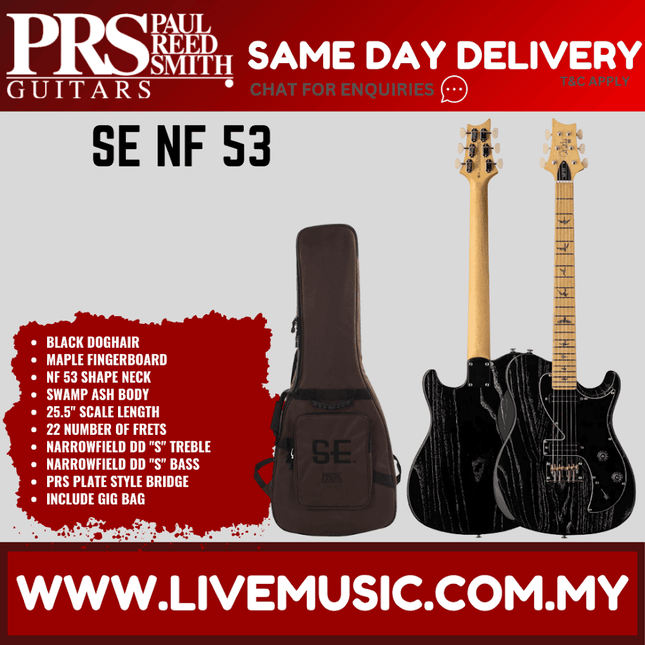 PRS SE NF 53 Electric Guitar w/GigBag, Maple FB, Black Doghair ( NF53 / NF-53 )