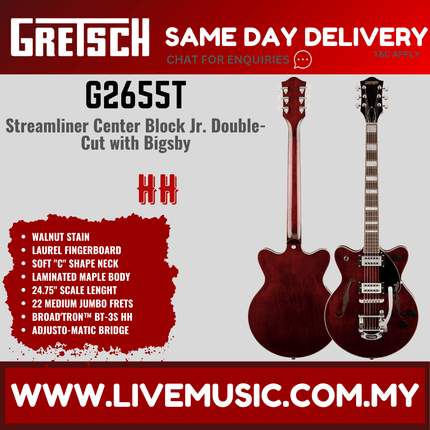 Gretsch G2655T Streamliner Centre Block Jr Double-Cut Guitar w/Bigsby, Walnut Stain