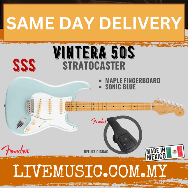 Fender Vintera 50s Stratocaster Electric Guitar, Maple Fretboard with Bag - Sonic Blue