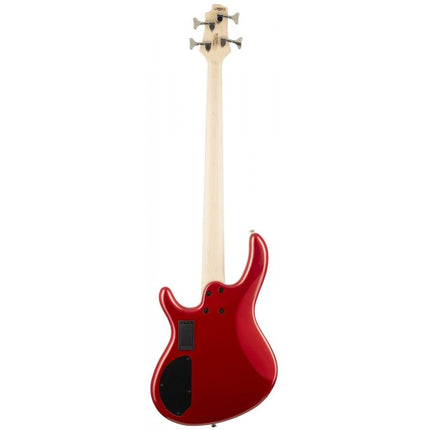 Red 4-string electric bass guitar with dark control area and strap button