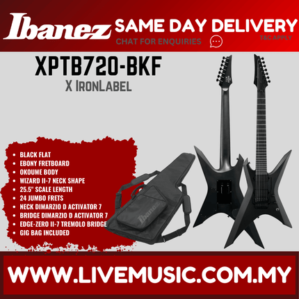 Ibanez Iron Label XPTB720-BKF 7-String Electric Guitar w/Bag, Black Flat ( XPTB720 BKF / XPTB720BKF )