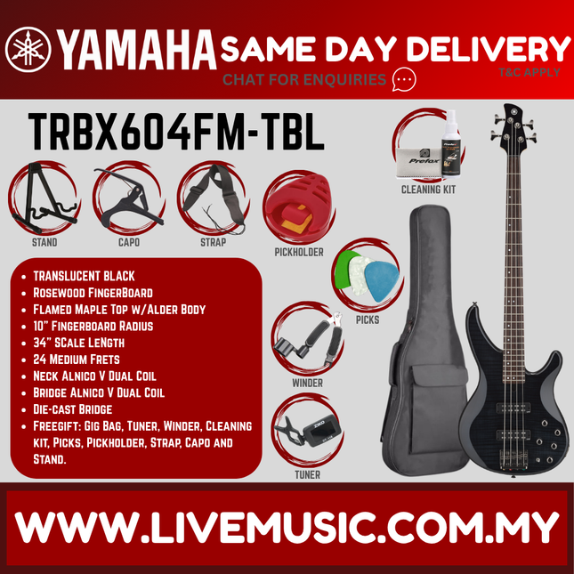 Translucent black 4-string electric bass guitar with attached neck and headstock