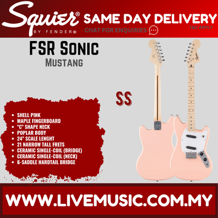 Squier FSR Sonic Mustang Electric Guitar w/White Pickguard, Maple FB, Shell Pink