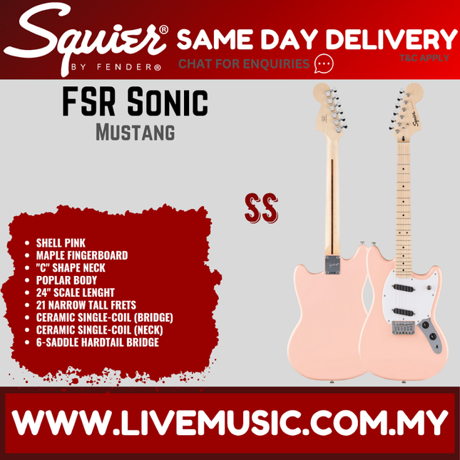 Squier FSR Sonic Mustang Electric Guitar w/White Pickguard, Maple FB, Shell Pink