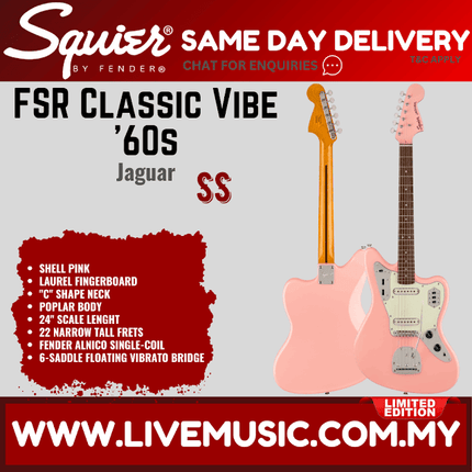Squier FSR Classic Vibe 60s Jaguar Electric Guitar, Laurel FB, Shell Pink