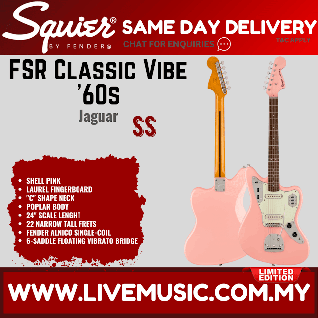 Squier FSR Classic Vibe 60s Jaguar Electric Guitar, Laurel FB, Shell Pink