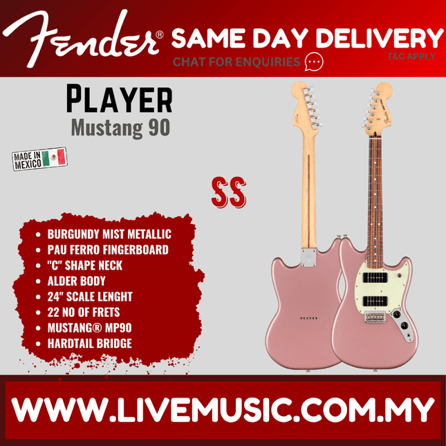 Fender Player Mustang 90 Electric Guitar, Pau Ferro Fretboard - Burgundy Mist Metallic