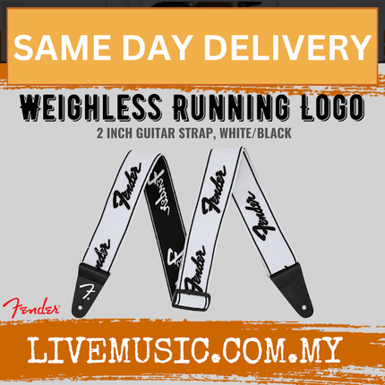 Fender Weighless Running Logo Guitar Strap, 2inch - White/Black