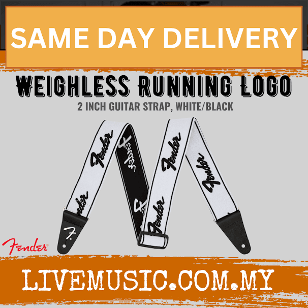 Fender Weighless Running Logo Guitar Strap, 2inch - White/Black