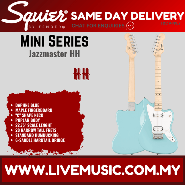 Squier Mini Jazzmaster HH Electric Guitar, Maple Fretboard - Daphne Blue