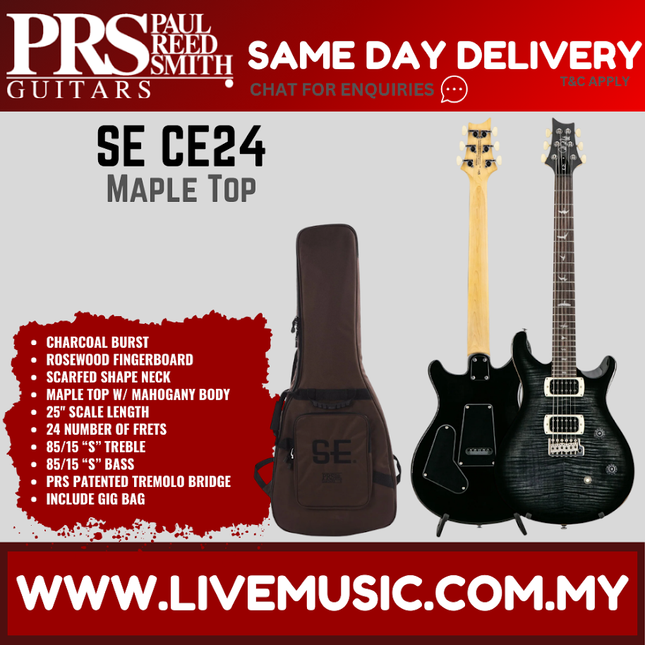 PRS SE CE24 Maple Top Electric Guitar, Maple FB, Charcoal Burst
