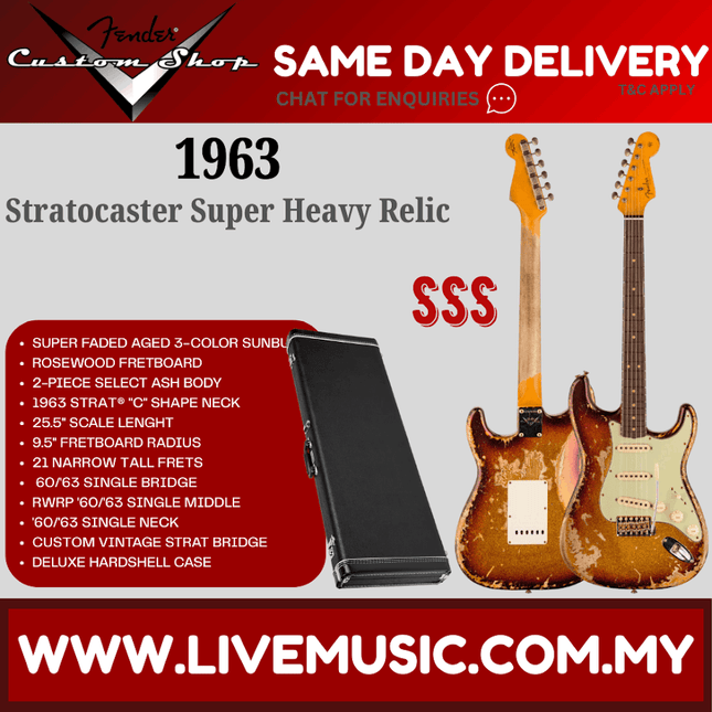 Fender Custom Shop 1963 Stratocaster Super Heavy Relic, RW FB, Super Faded Aged 3-Color Sunburst