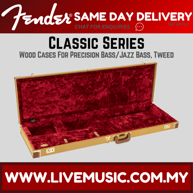 Tweedy wood guitar case with open lid, red plush interior and gold latches