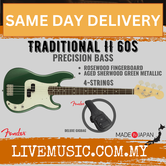 Fender Japan Traditional II 60s Precision Bass Guitar, RW FB, Aged Sherwood Green Metallic