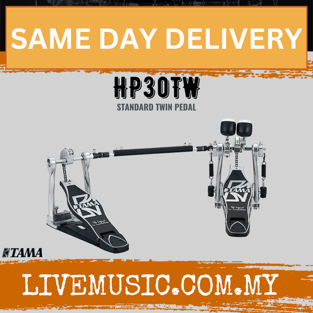 Double bass drum twin pedal with two beater feet and chrome frame