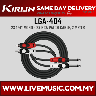 Kirlin LGA-404 2 Meter Dual RCA To 1/4 Inch Mono Plug LightGear Dual Patch interconnect Cable Adapter Black (LGA 404/LGA404)