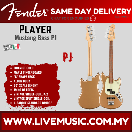 Fender Player Mustang PJ Bass Guitar, Pau Ferro Fretboard - Aged Natural/Firemist Gold