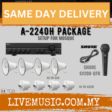TOA A-2240 240W Mixer Amplifier with TOA TH-652 50W Horn Speakers with Shure SV200 Wired Microphone
