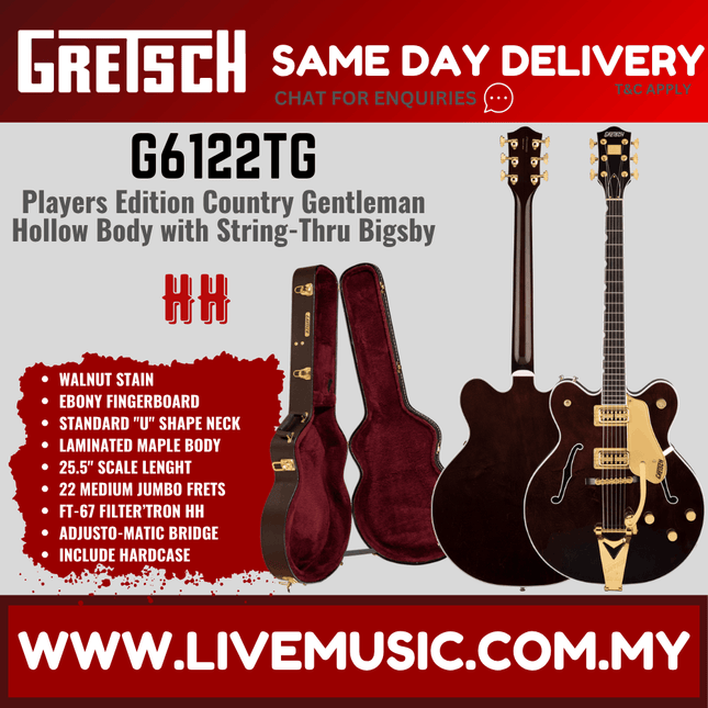 Gretsch G6122TG Players Edition Country Gentleman Electric Guitar w/Bigsby, Walnut Stain