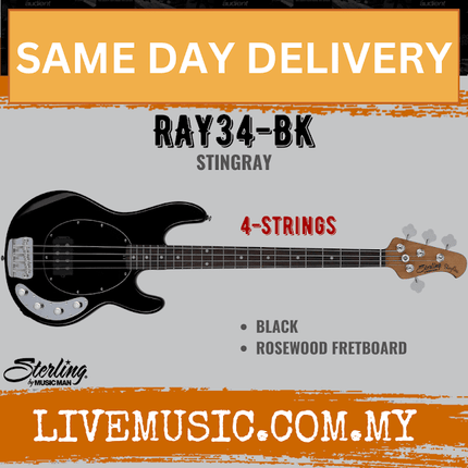 Sterling by Music Man Ray34 StingRay 4-String Bass Guitar, Rosewood Fretboard - Black (Ray-34/Ray 34)