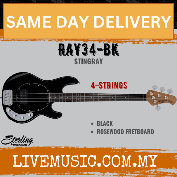 Sterling by Music Man Ray34 StingRay 4-String Bass Guitar, Rosewood Fretboard - Black (Ray-34/Ray 34)