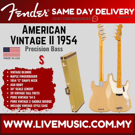 Fender American Vintage II 54 Precision Bass Electric Guitar, Maple FB, Vintage Blonde