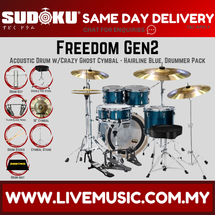 Sudoku Freedom Gen2 Acoustic Drum Set w/Ghost Cymbals, Throne, Pedal - Drummer Pack
