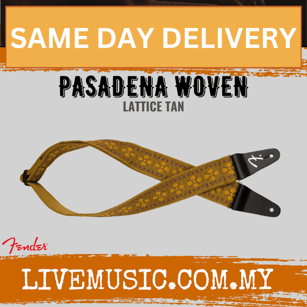 Tan lattice woven guitar strap with black ends and attached leather-style loops