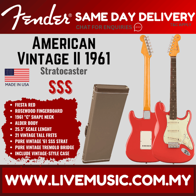 Fender American Vintage II 61 Stratocaster Electric Guitar, RW FB, Fiesta Red