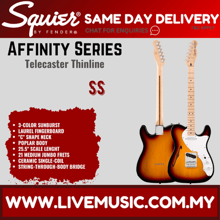 Squier Affinity Series Telecaster Thinline Electric Guitar, Maple FB, 3-Color Sunburst