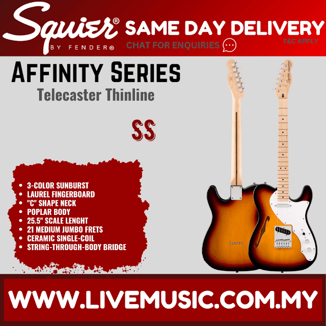 Squier Affinity Series Telecaster Thinline Electric Guitar, Maple FB, 3-Color Sunburst