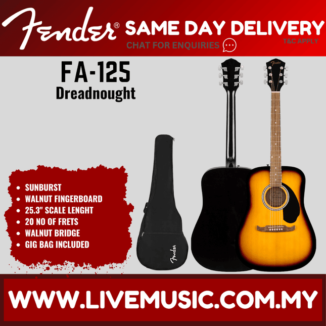 Sunburst dreadnought acoustic guitar with included black gig bag