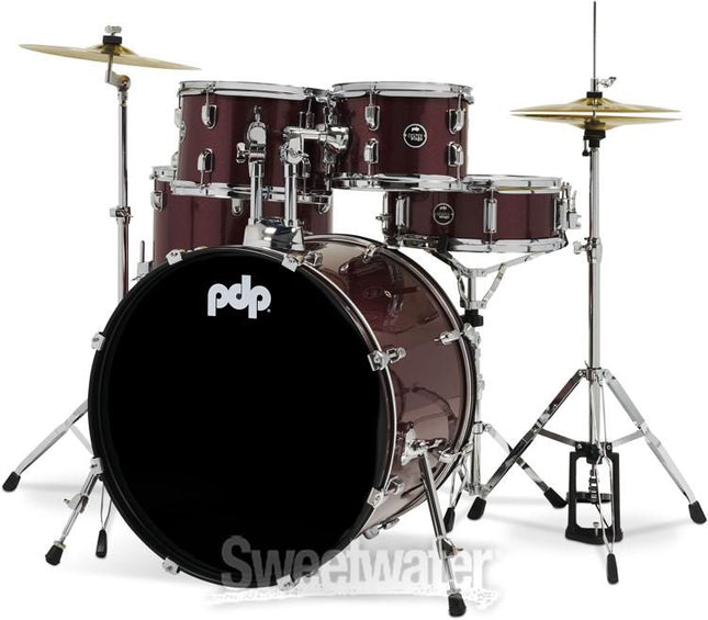 PDP Center Stage 5-piece Complete Drum Set with Hardware, Stool and Cymbal - Ruby Red Sparkle ( PDCE2015KT )