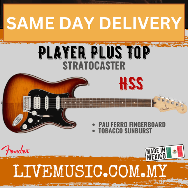 Fender Player HSS Plus Top Stratocaster Electric Guitar, Pau Ferro Fretboard - Tobacco Sunburst