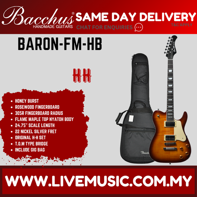 Bacchus BARON-FM-HB Global Series Electric Guitar w/ Bag, Rosewood Fingerboard - Honey Burst ( BARONFM / BARON FM )