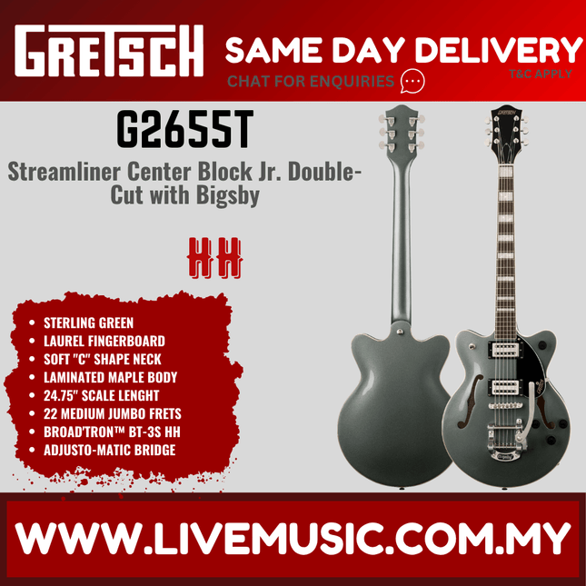 Gretsch G2655T Streamliner Centre Block Jr Double-Cut Guitar w/Bigsby, Sterling Green
