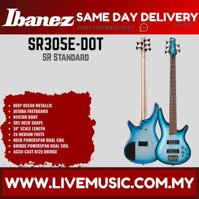 Ibanez SR305E-DOT SR Standard Series 5 Strings Electric Bass, Deep Ocean Metallic (SR305E DOT/SR305EDOT)